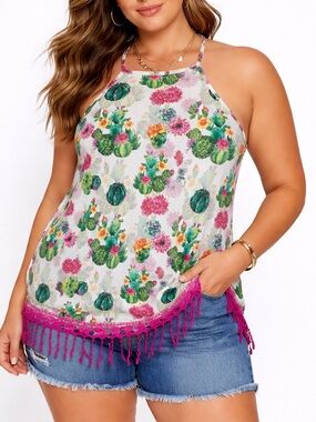 Merigold Kiss Cactus Floral Fringe Tunic Tank Sleeveless Boho L NWT